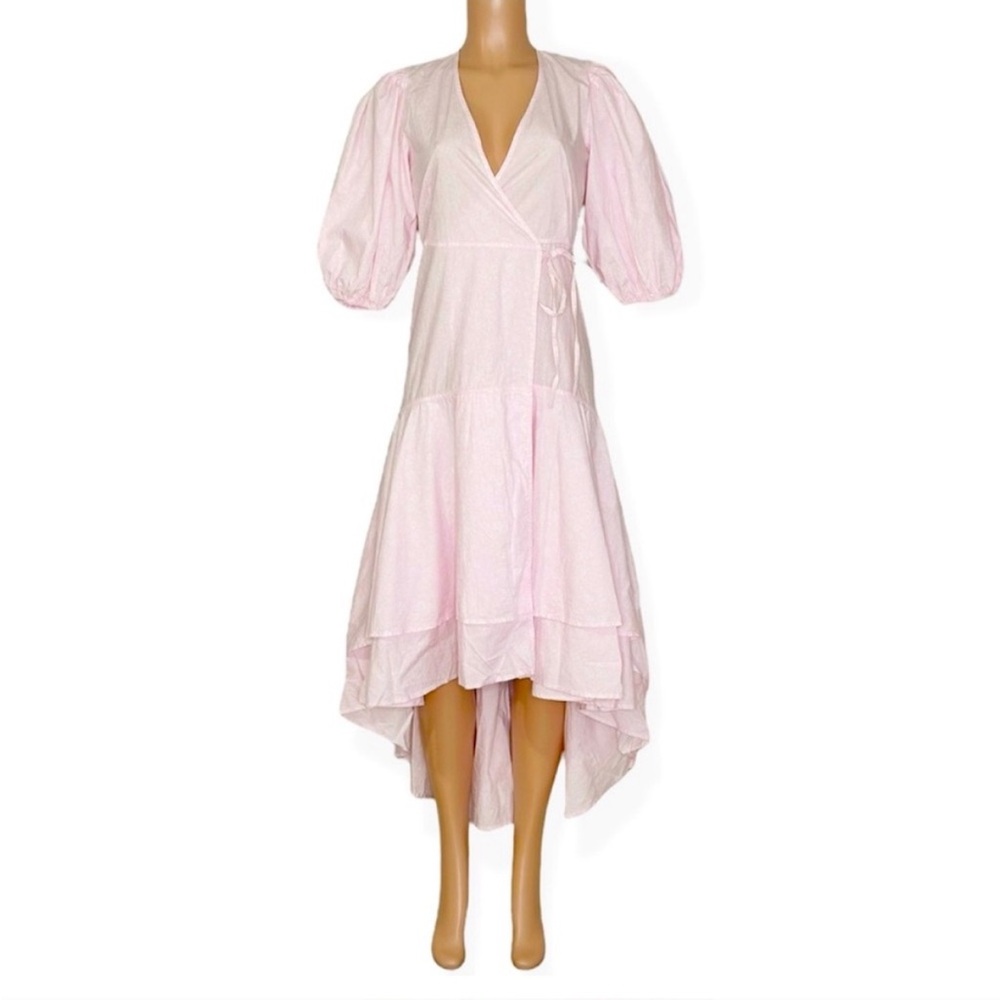 Ganni Light Pink Midi Dress with Puff Sleeves